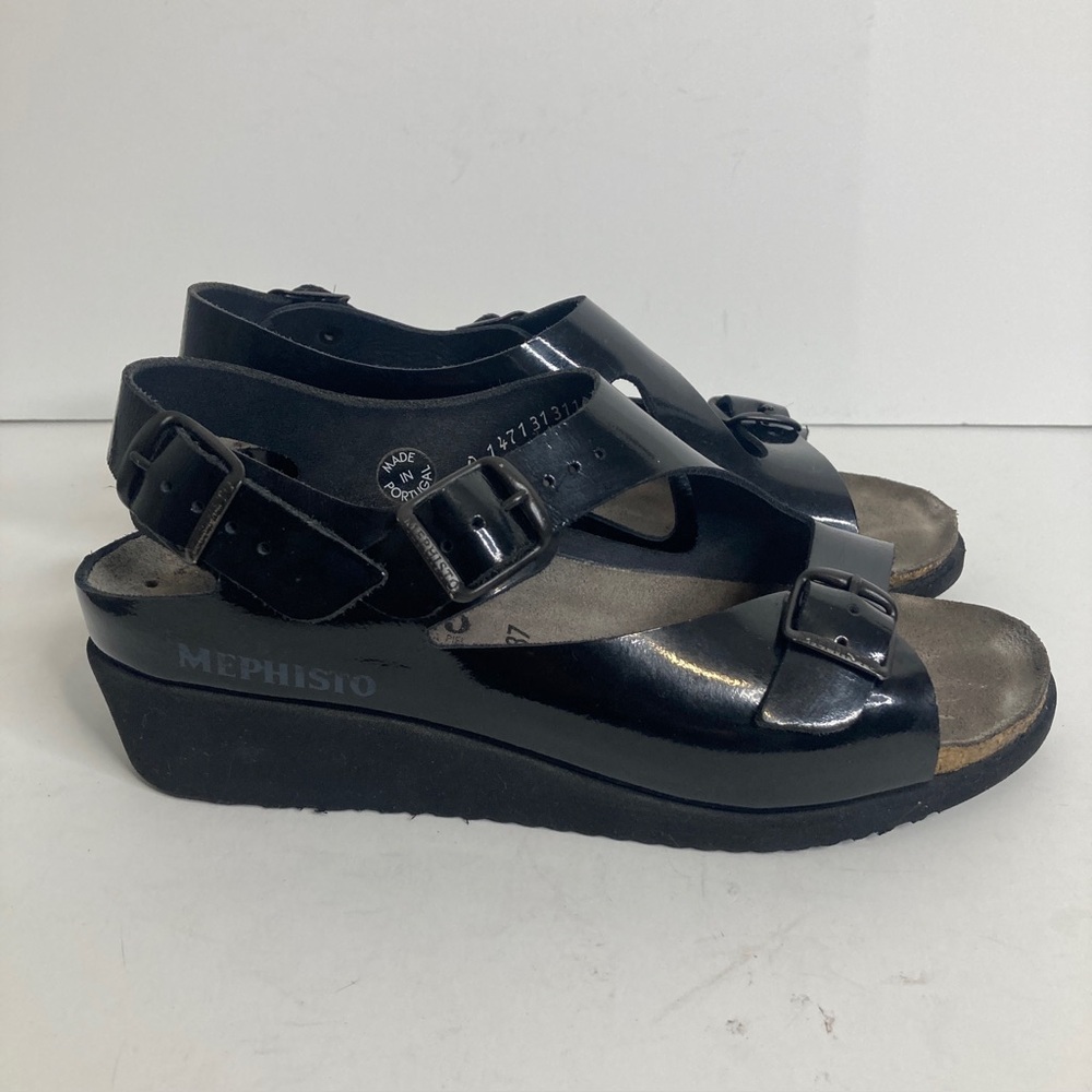 Mephisto Sandals Womens 37 7 Black Patent Leather Ankle Strap Wedges Comfy